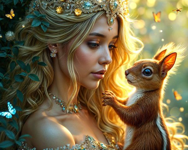 Young woman in a magical forest with a squirrel