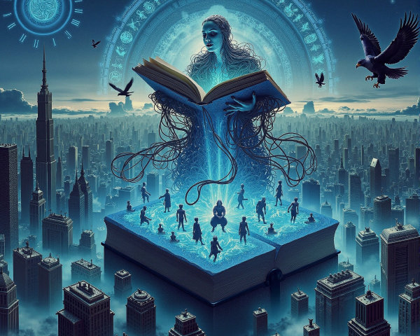 Giant Open Book with Ethereal Light and City Skyline