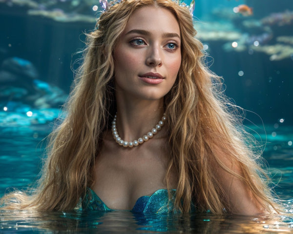 Young woman in water with crown and pearl necklace