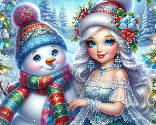 Charming Winter Scene with Girl and Snowman