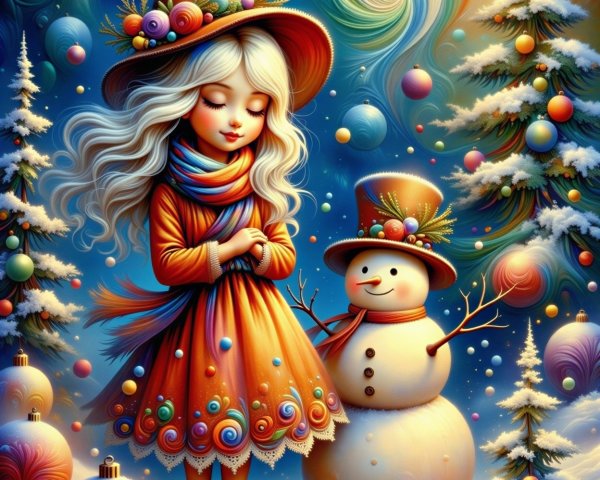 Whimsical Winter Scene with Girl and Snowman