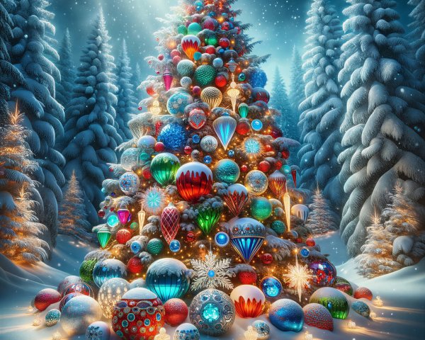 Winter Forest Scene with Decorated Christmas Tree