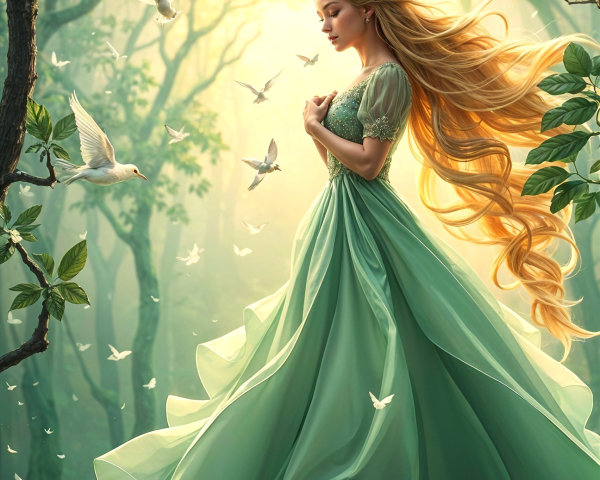 Young Woman in Green Gown in Sunlit Forest Setting