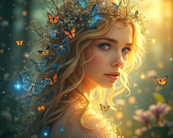 Serene Portrait of a Woman with Butterflies and Flowers