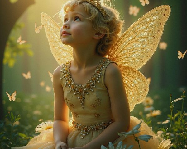 Young girl in yellow dress with fairy wings in forest