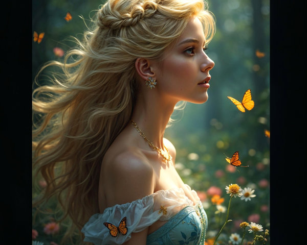 Young woman in blue dress in a daisy meadow