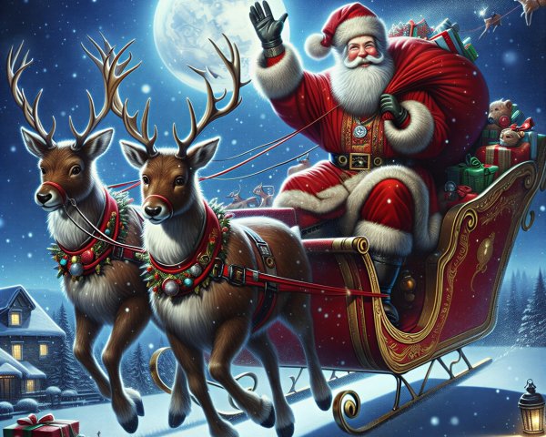Santa Claus in a sleigh with reindeer in snowy landscape