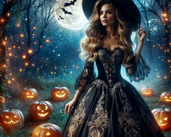 Witch in Enchanted Forest with Full Moon and Jack-o'-Lanterns