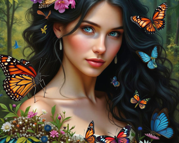 Young woman in teal dress with flowers and butterflies