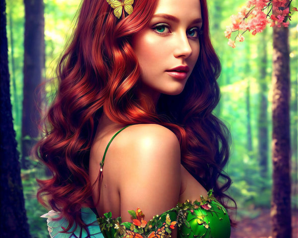 Young woman in green dress in a lush forest setting