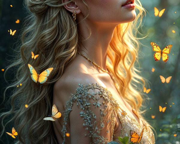 Ethereal Woman in Enchanted Forest with Butterflies
