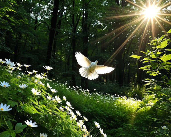 Serene forest scene with sunlight and blooming daisies