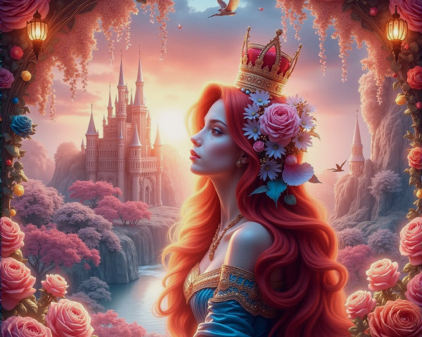 Regal princess in a dreamy landscape with a castle
