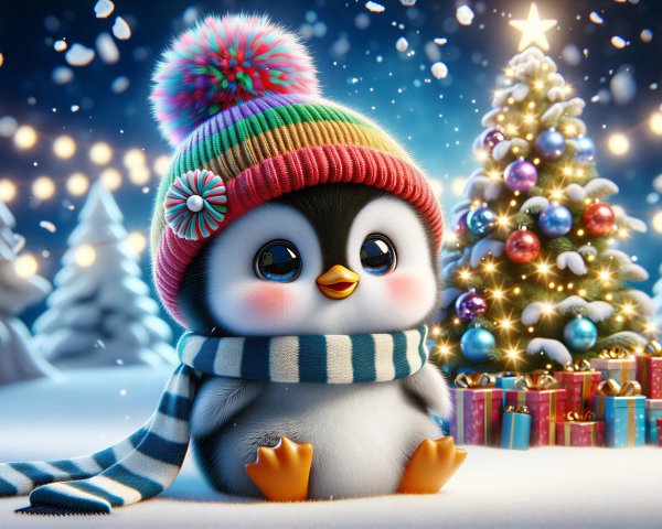 Baby penguin in winter attire with Christmas backdrop