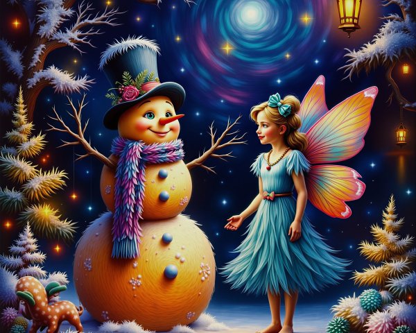 Whimsical Winter Scene with Snowman and Fairy