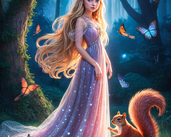 Magical forest scene with girl in purple gown and butterflies