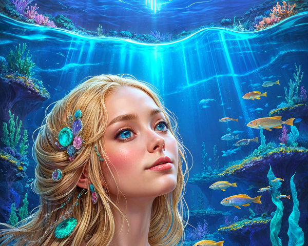 Underwater Scene with Woman, Coral Reefs, and Neon Light