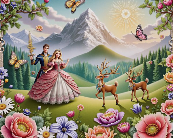Fairy-Tale Landscape with Prince and Princess in Nature