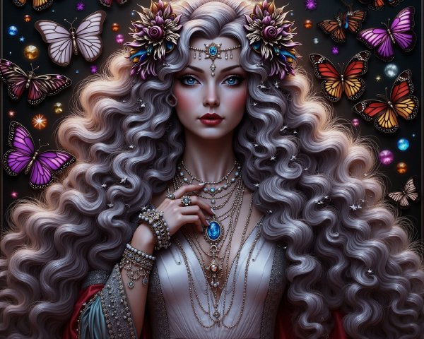 Portrait of a Woman with Silver Hair and Floral Accents