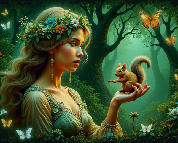 Young woman in mystical forest with squirrel and butterflies