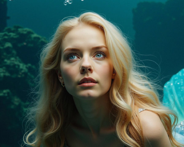 Young woman underwater with flowing blonde hair and blue eyes