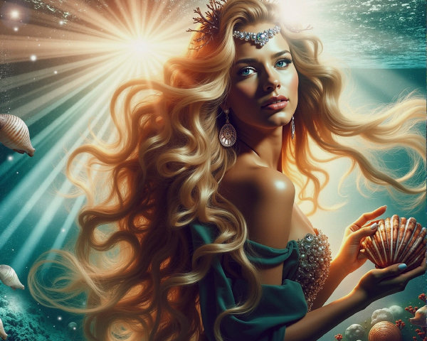 Underwater Scene with Woman and Sea Accessories