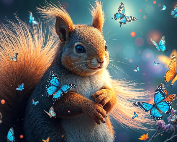 Squirrel Surrounded by Butterflies in Vibrant Landscape