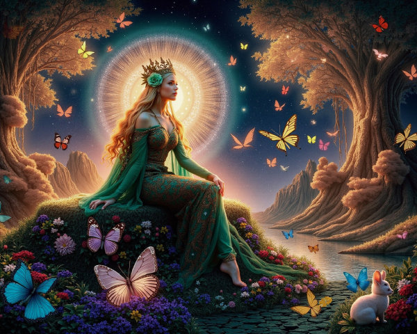 Radiant Woman in Green Gown in Magical Forest Scene