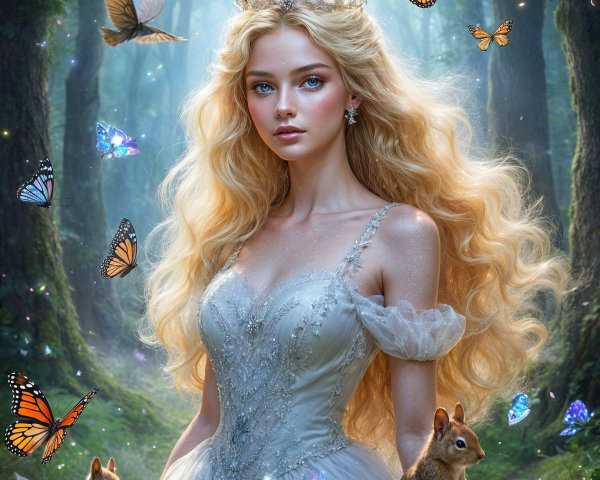 Serene Woman in Enchanted Forest with Butterflies