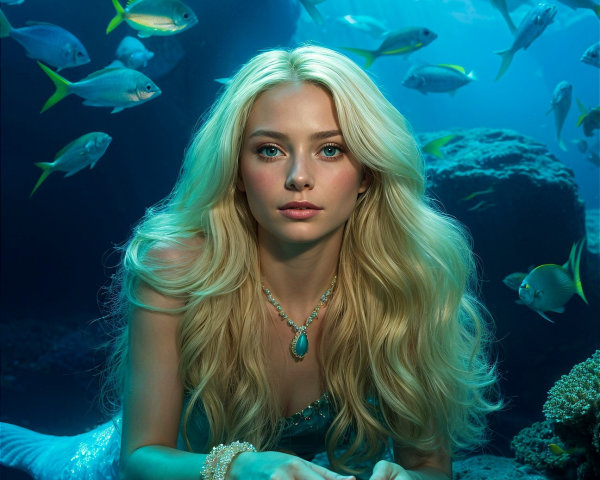 Underwater Scene with Young Woman and Colorful Marine Life