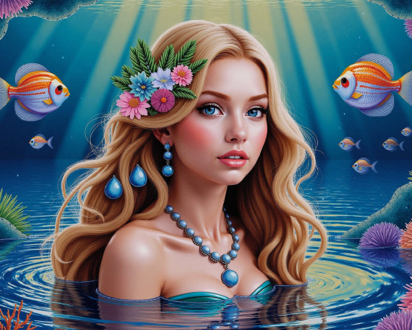 Underwater Scene with Woman and Tropical Marine Life