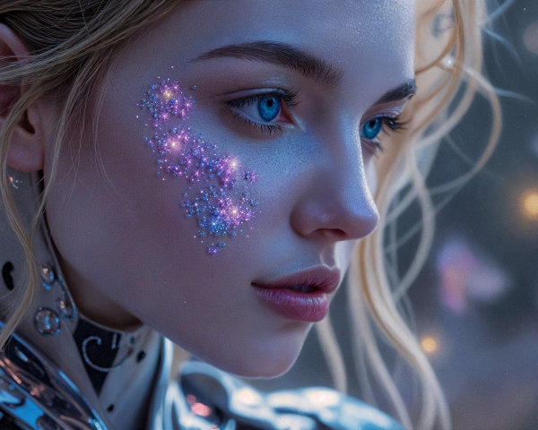 Close-up of a young woman with celestial designs