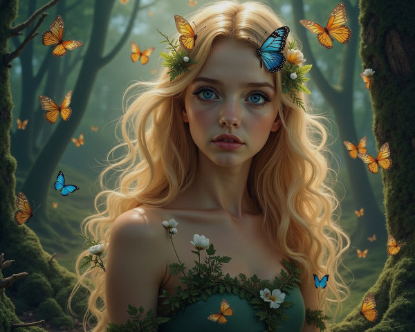 Young Woman in Mystical Forest with Butterflies