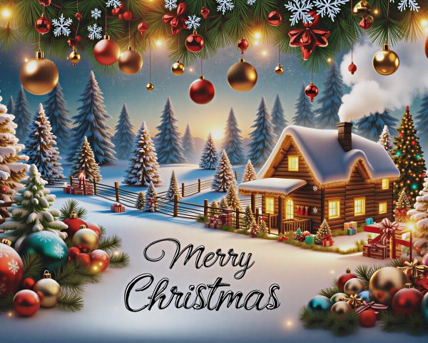 Cozy Log Cabin in Snowy Christmas Setting