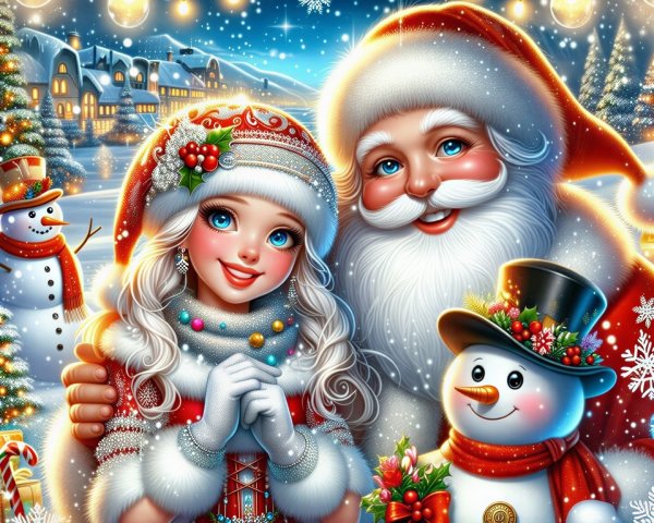 Joyful Winter Scene with Girl and Santa Claus