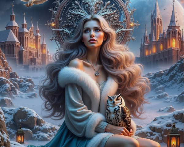 Mystical Winter Scene with Woman and Owl in Landscape