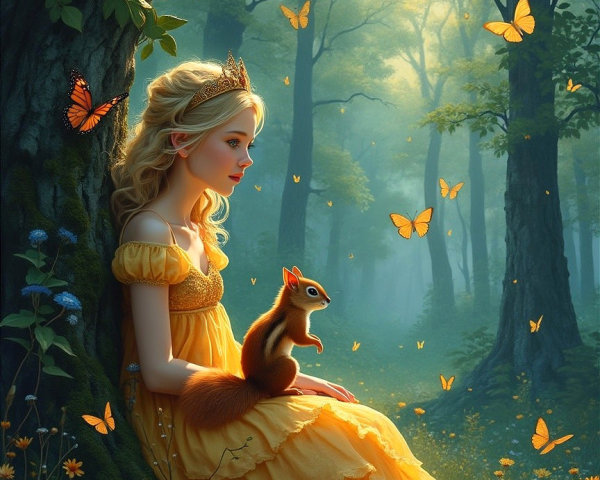 Girl in Yellow Gown in Enchanted Forest Setting