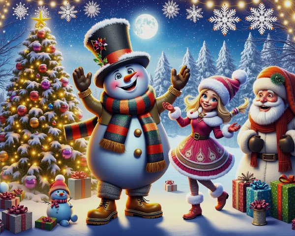 Festive Winter Scene with Snowman and Santa Claus