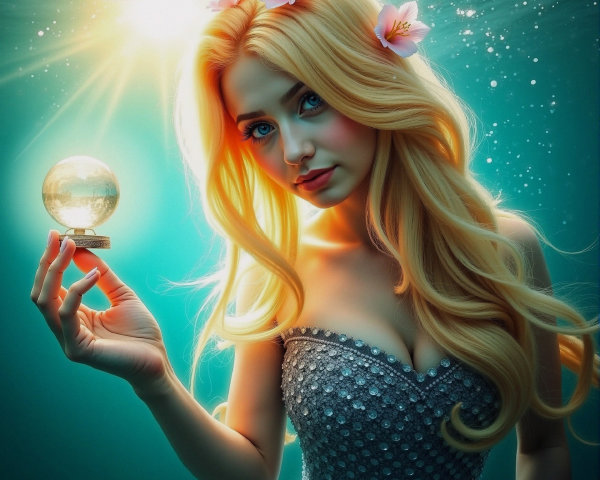 Underwater Scene with Woman and Glowing Orb