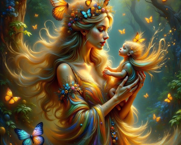 Serene Woman and Child in Enchanted Forest Setting