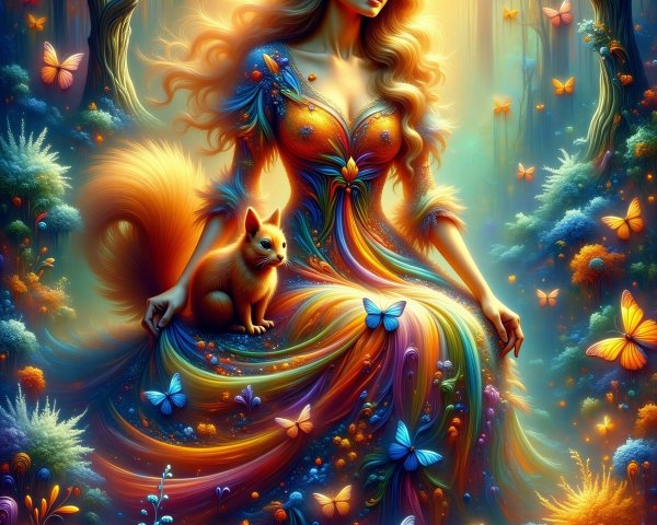 Enchanting Forest Scene with Woman and Squirrel