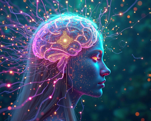 Vibrant Human Head Profile with Glowing Brain and Colors