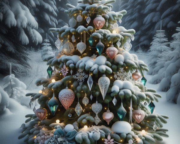 Decorated Christmas Tree in Snowy Forest Setting