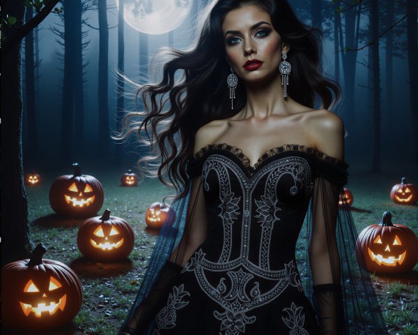 Mysterious Woman in Black Gown in Spooky Forest