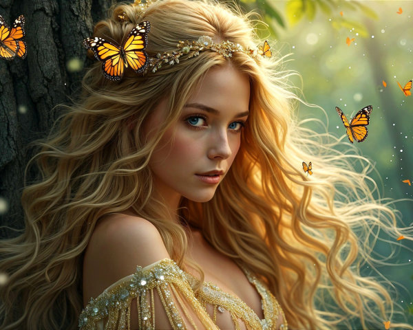 Young woman in golden gown with butterflies by tree