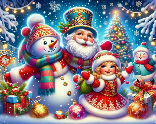 Festive winter scene with Santa, girl, and snowman