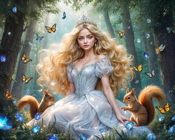 Young woman in silver gown in a lush forest setting