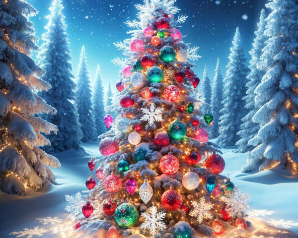 Colorful Christmas Tree in Snowy Forest at Night