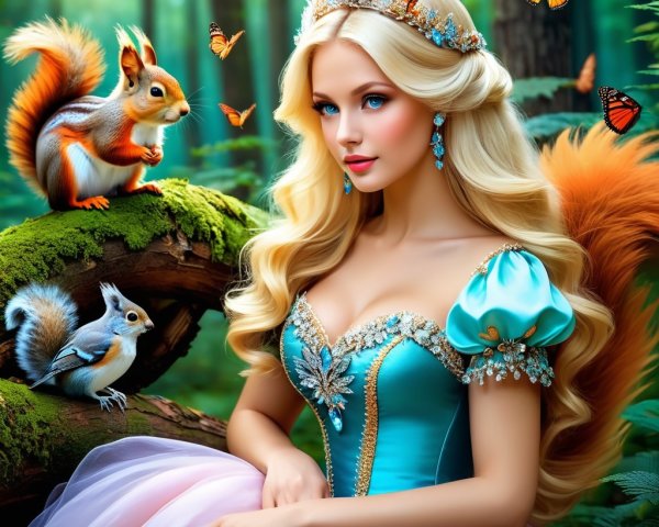Princess in a Magical Forest with Squirrels and Butterflies