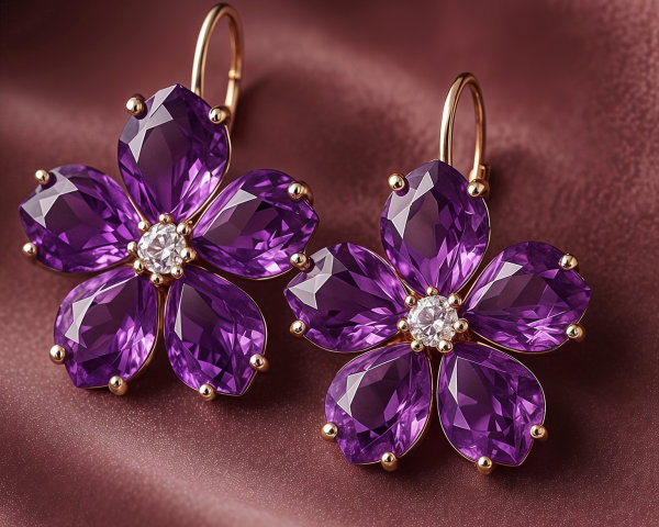 Floral Earrings with Purple Gemstones and Gold Setting